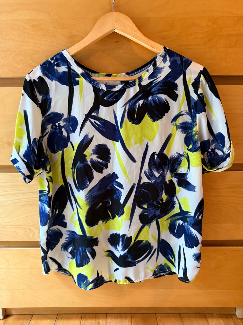 Navy & Lime Floral Print Short Sleeve Blouse M-L